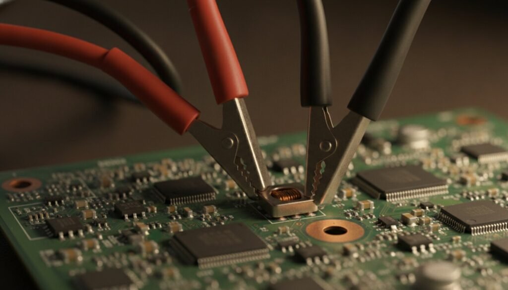 Red and black alligator clips from a bench power supply clipped onto an inductor on a laptop motherboard