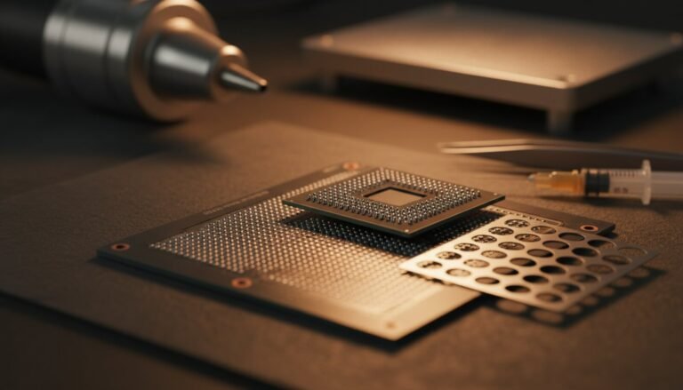 BGA chip lifted from a motherboard next to a reballing stencil