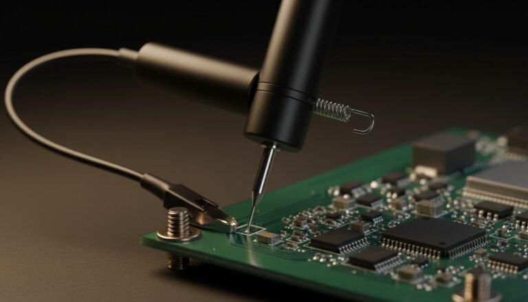 Oscilloscope probe tip and ground clip on a green circuit board