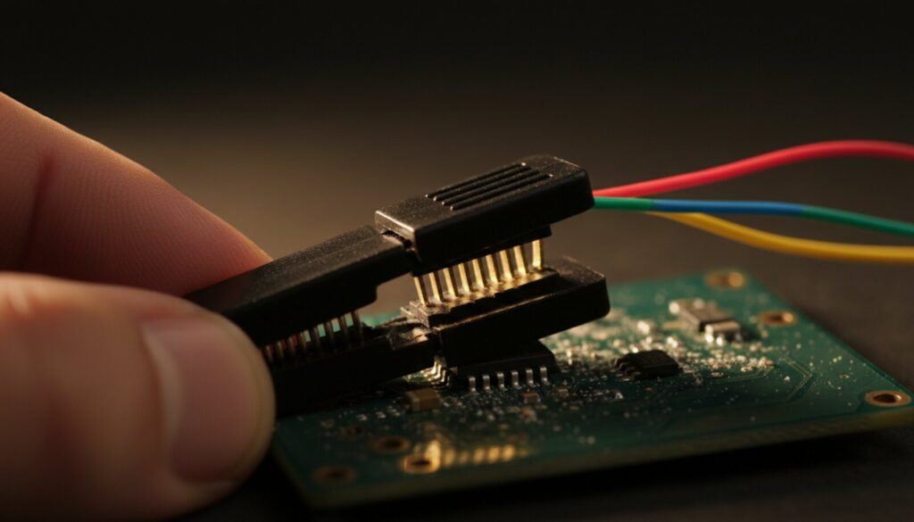 SOIC 8 test clip clamped on an 8 pin flash chip