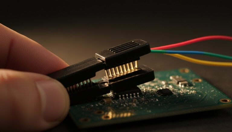 SOIC 8 test clip clamped on an 8 pin flash chip