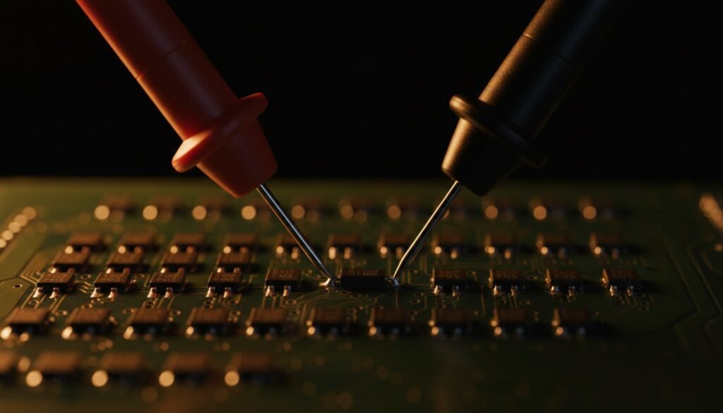 Red and black multimeter probe tips touching a surface-mount chip resistor on a circuit board