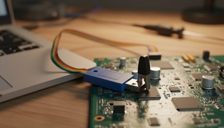 Blue USB programmer dongle with test clip connected to a motherboard chip