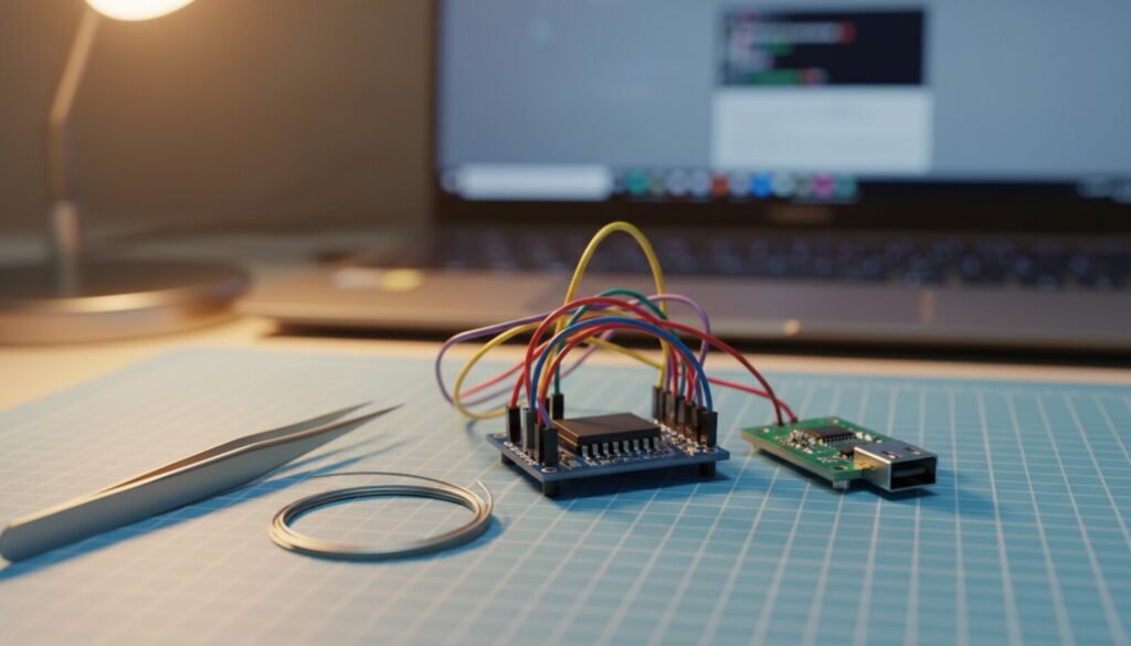 STC 8051 microcontroller board connected with jumper wires to a USB to serial adapter