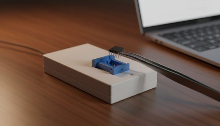 White USB chip programmer with blue ZIF socket next to a laptop
