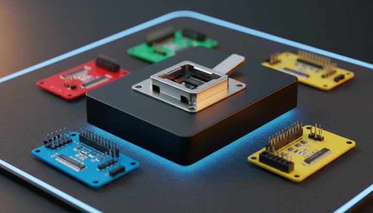 Black chip programmer with colorful adapter boards on a bench mat
