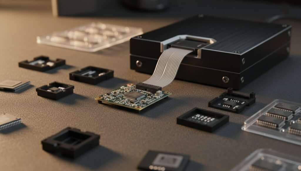Professional chip programmer with ribbon cable and adapters on dark workbench