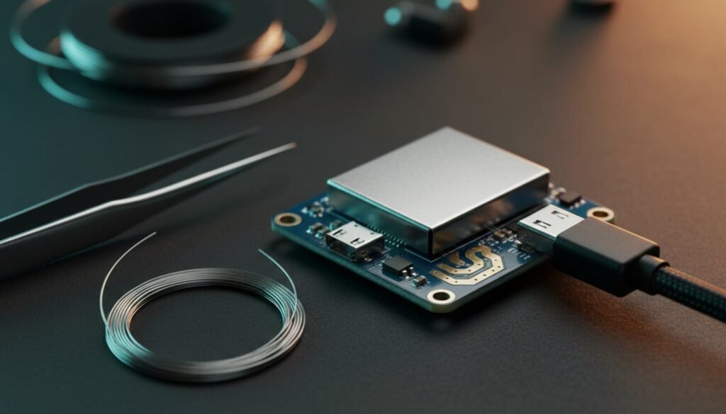 ESP32 module with USB cable on a dark electronics workbench