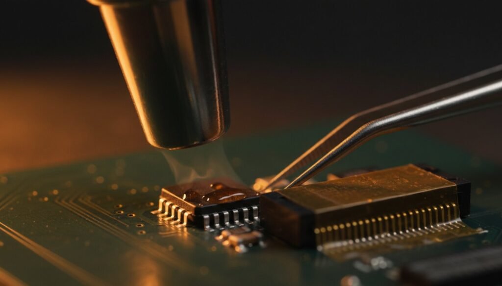 Hot air rework station nozzle hovering over a chip on a circuit board, flux glistening, tweezers approaching