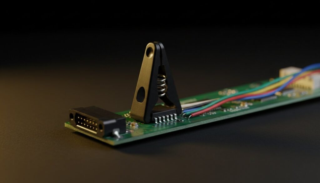 Spring-loaded test clip gripping an eight-pin EEPROM next to a video connector on a monitor board