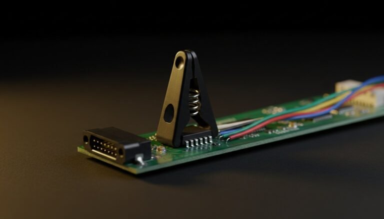 Spring-loaded test clip gripping an eight-pin EEPROM next to a video connector on a monitor board