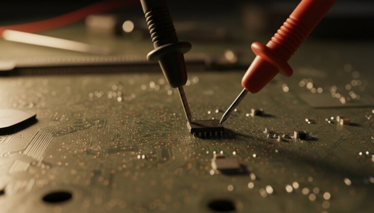 Multimeter probes testing a MOSFET on a circuit board