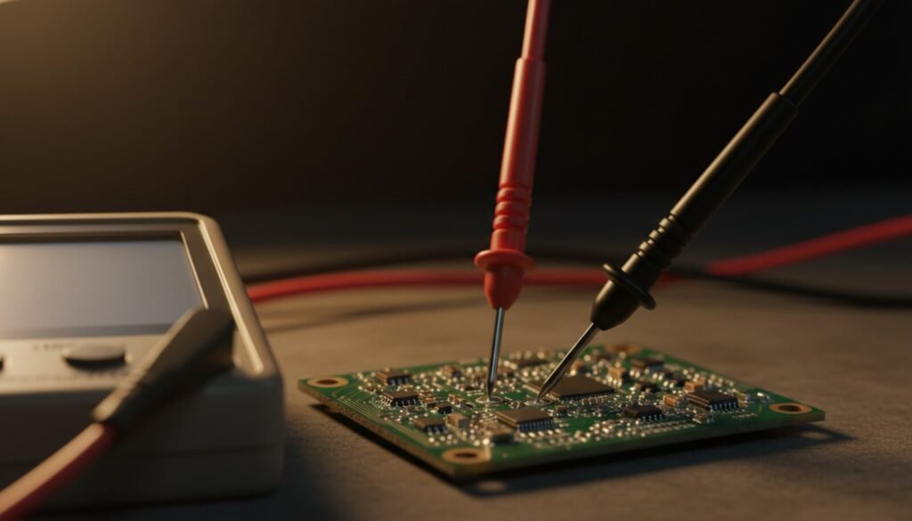 Red and black multimeter probes touching pads on a green circuit board