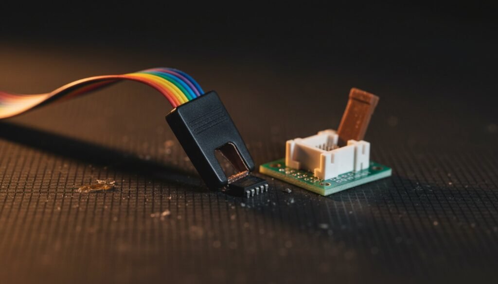 SOIC 8 test clip and ZIF adapter board on a repair bench