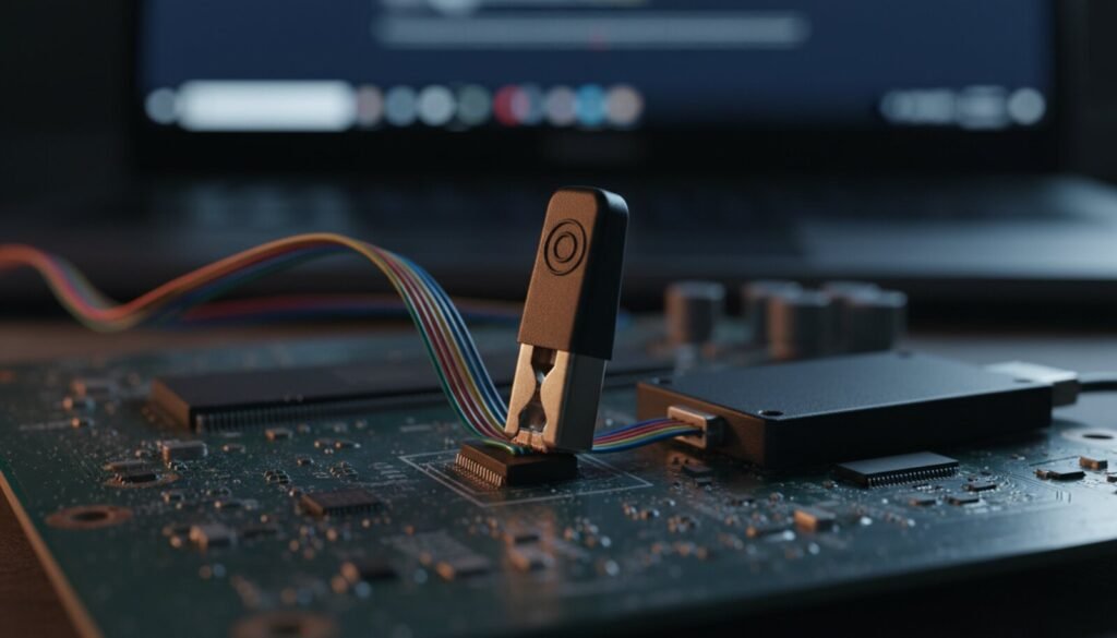 SOIC-8 test clip clamped on a BIOS flash chip wired to a USB programmer