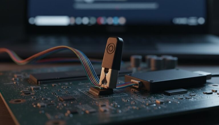 SOIC-8 test clip clamped on a BIOS flash chip wired to a USB programmer