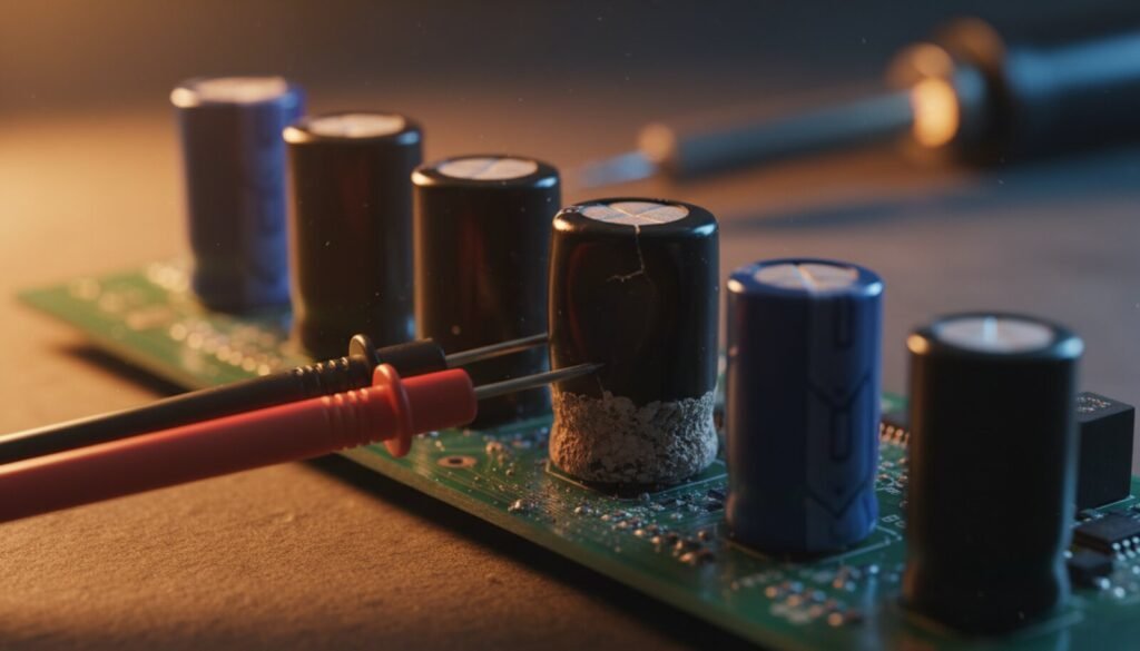 Row of electrolytic capacitors on a green PCB, one with a split vent and crusted electrolyte, red and black multimeter probes across its leads