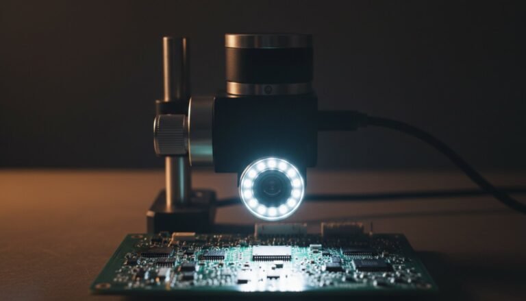 USB digital microscope on a stand with a ring light illuminating a green circuit board