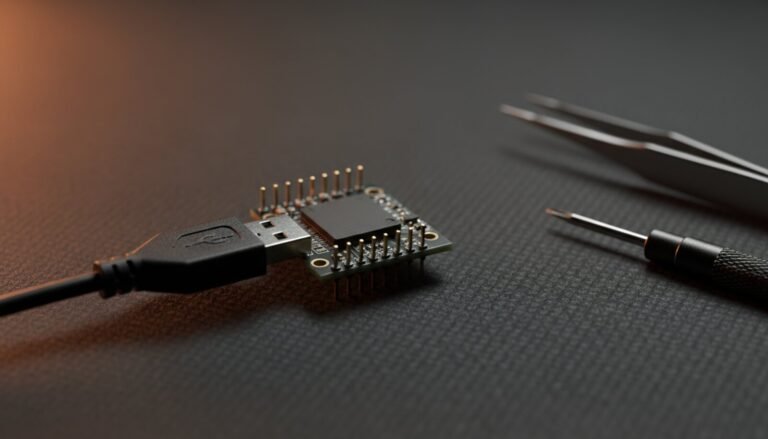 USB adapter board with pin headers on a repair bench mat