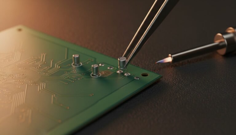 Tweezers placing a small aluminium capacitor on a vintage green motherboard with a stained pad