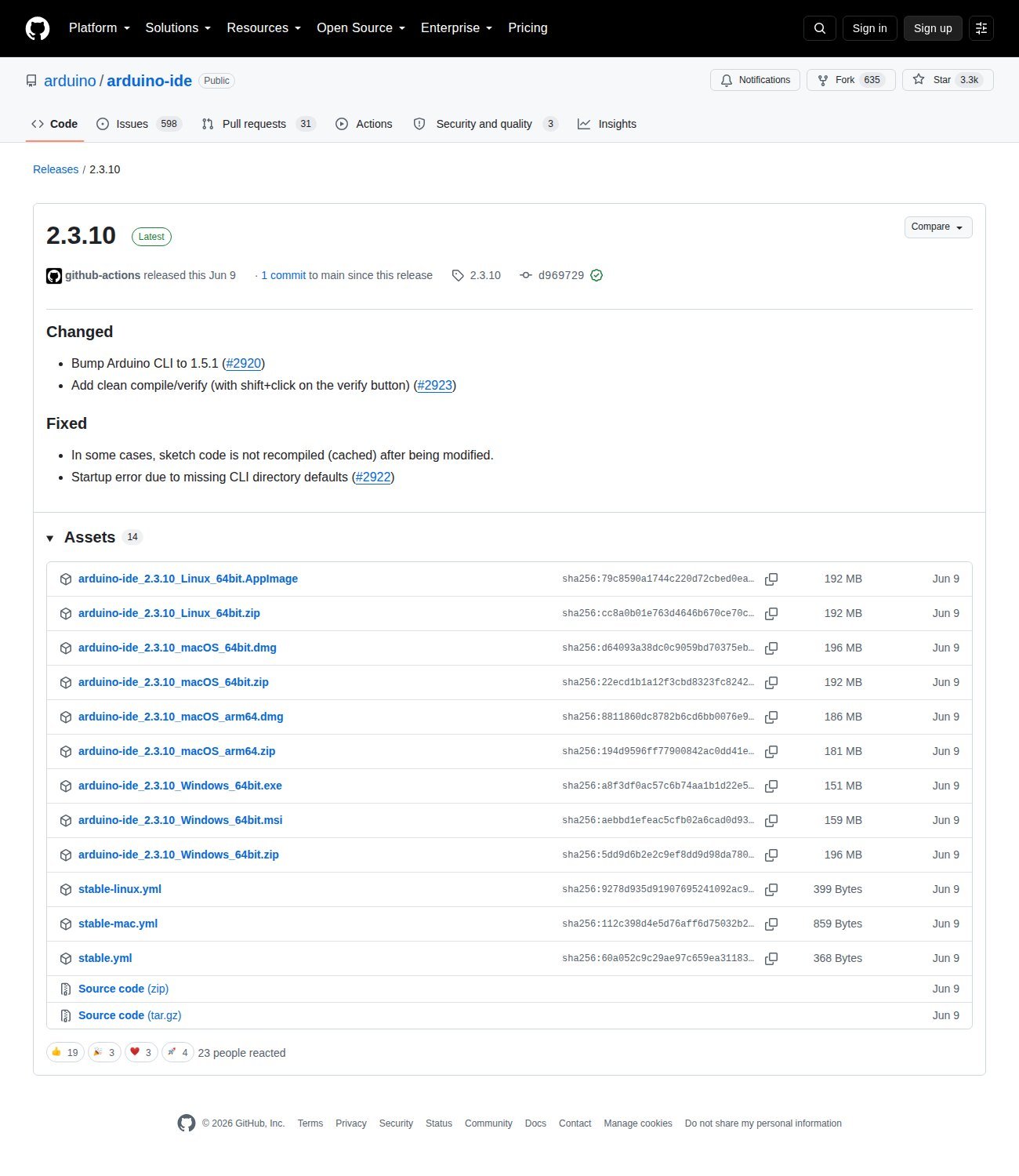 GitHub release page for Arduino IDE 2.3.10 showing the asset list with SHA-256 digests