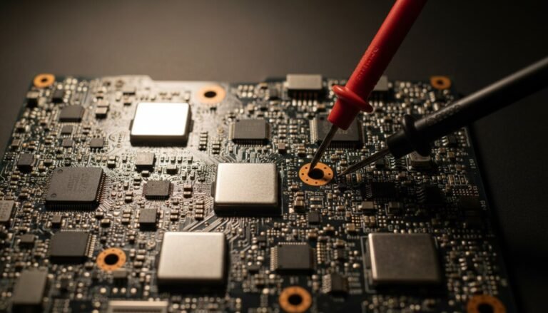 Test probes on a laptop motherboard beside shielded inductors and controller ICs