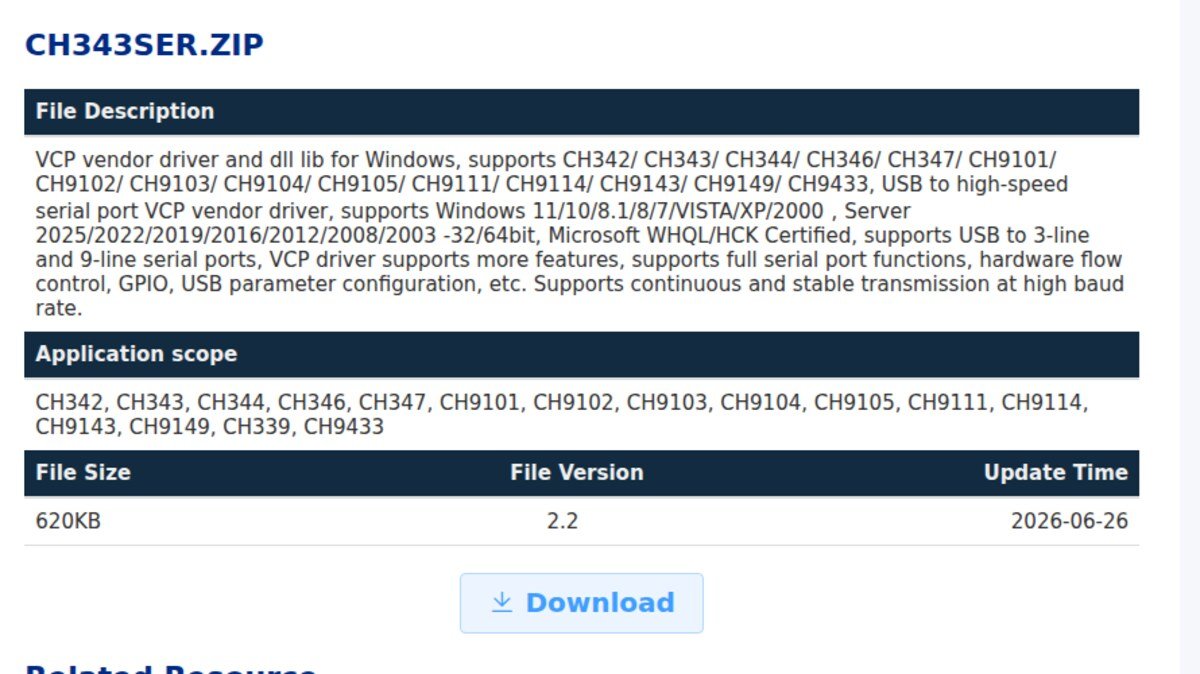 WCH official download page for CH343SER.ZIP showing file size 620KB, file version 2.2 and update time 2026-06-26