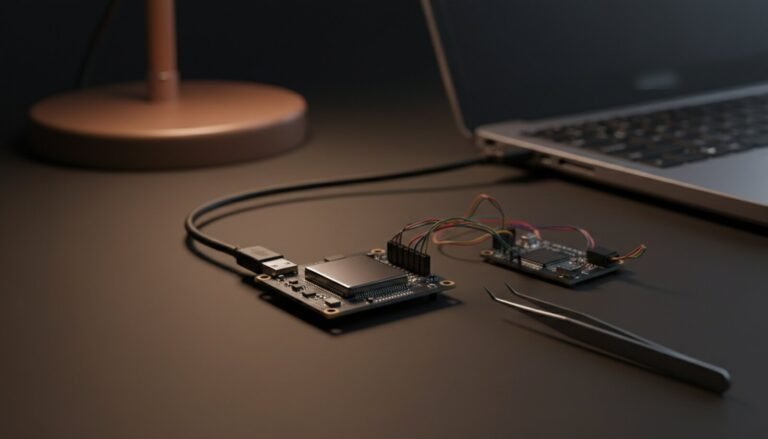 Microcontroller development board connected by USB to a laptop on a dark electronics bench, with a USB-serial adapter and tweezers