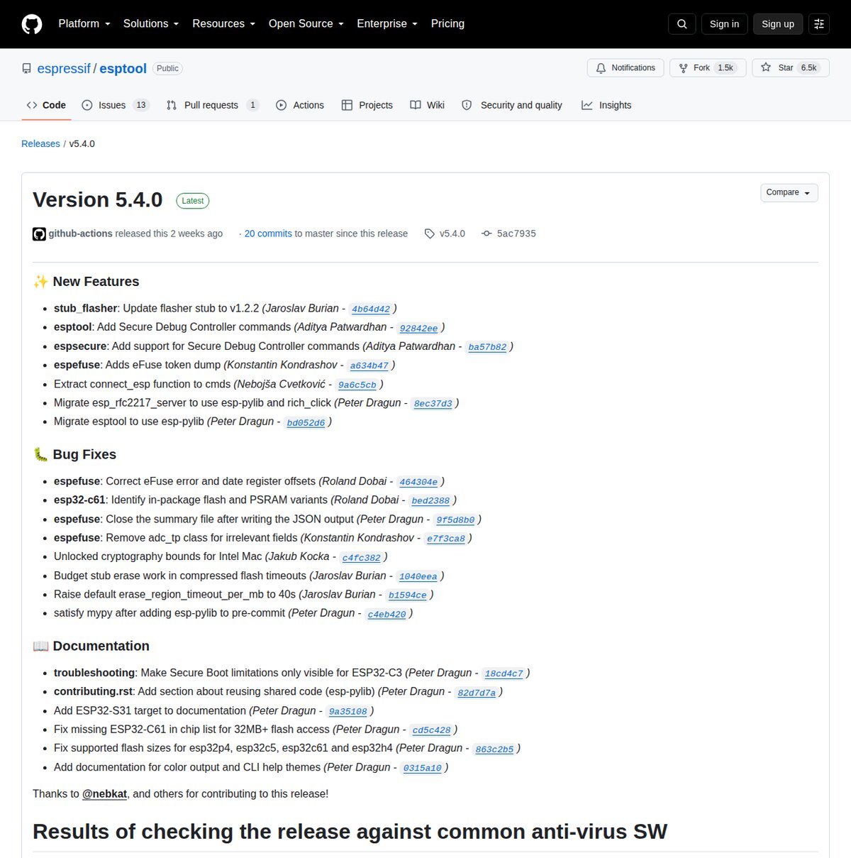GitHub release page for esptool Version 5.4.0 marked Latest, listing new features, bug fixes and documentation changes
