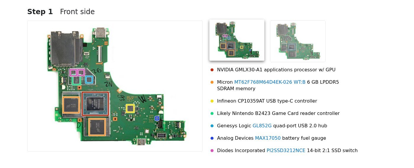 iFixit Nintendo Switch 2 Chip ID teardown, step one, listing the chips on the front side of the main board