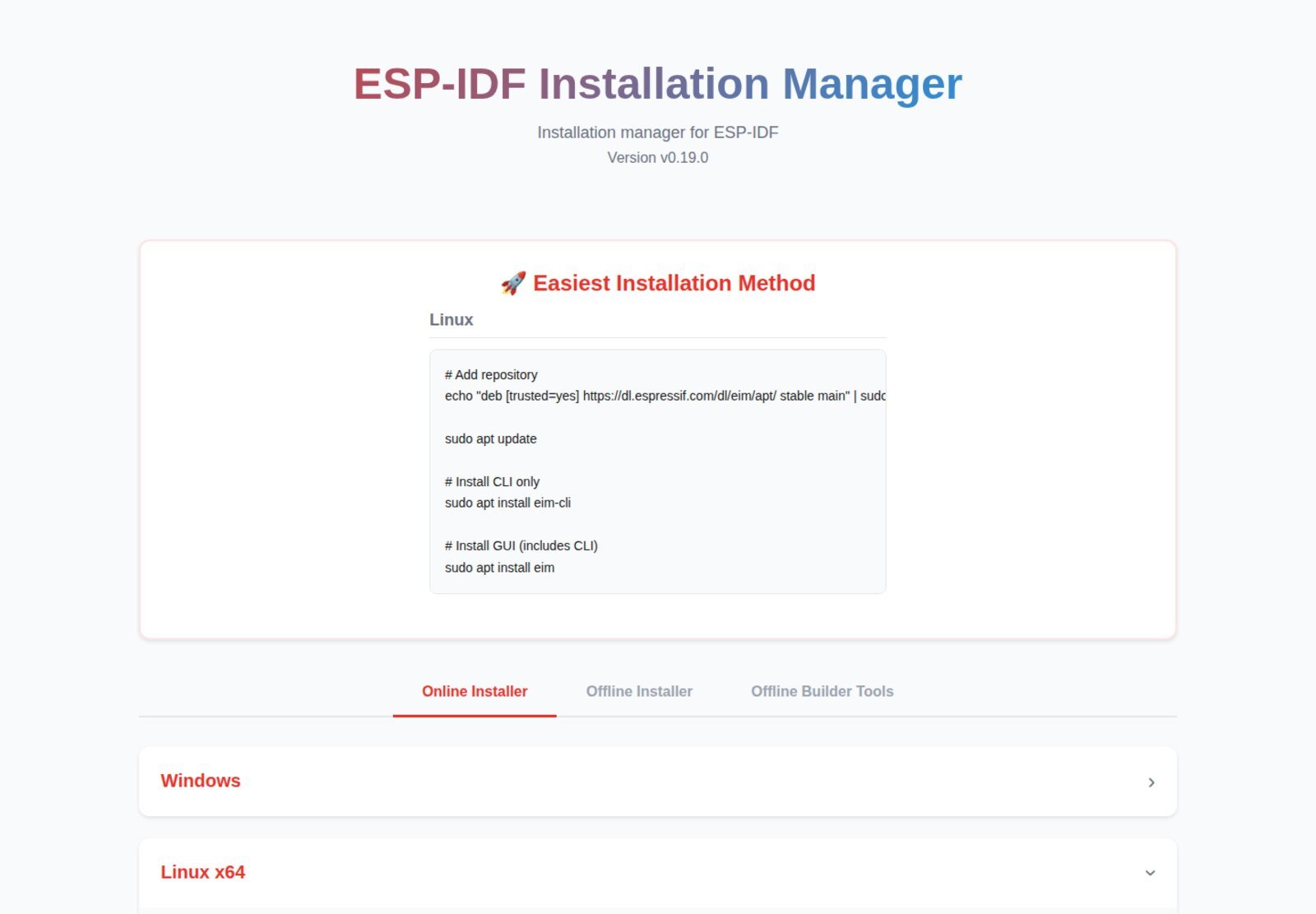 The official ESP-IDF Installation Manager download page at dl.espressif.com