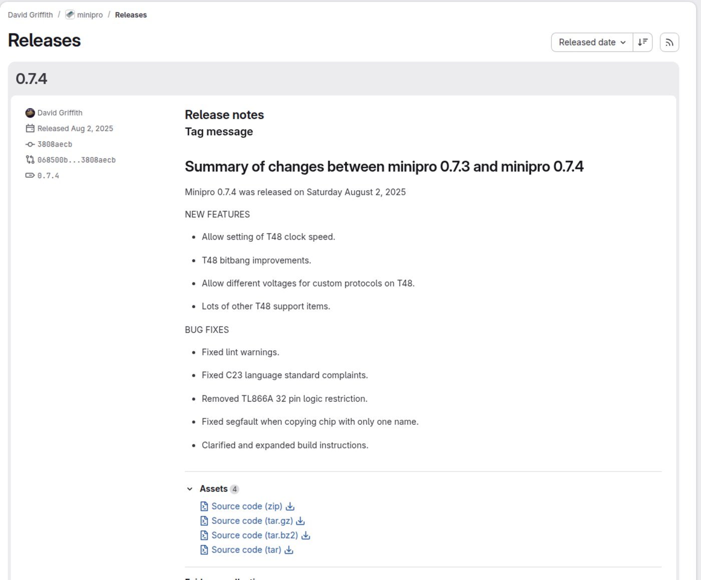 minipro releases page on GitLab showing release 0.7.4 dated 2 August 2025 with four source-code assets