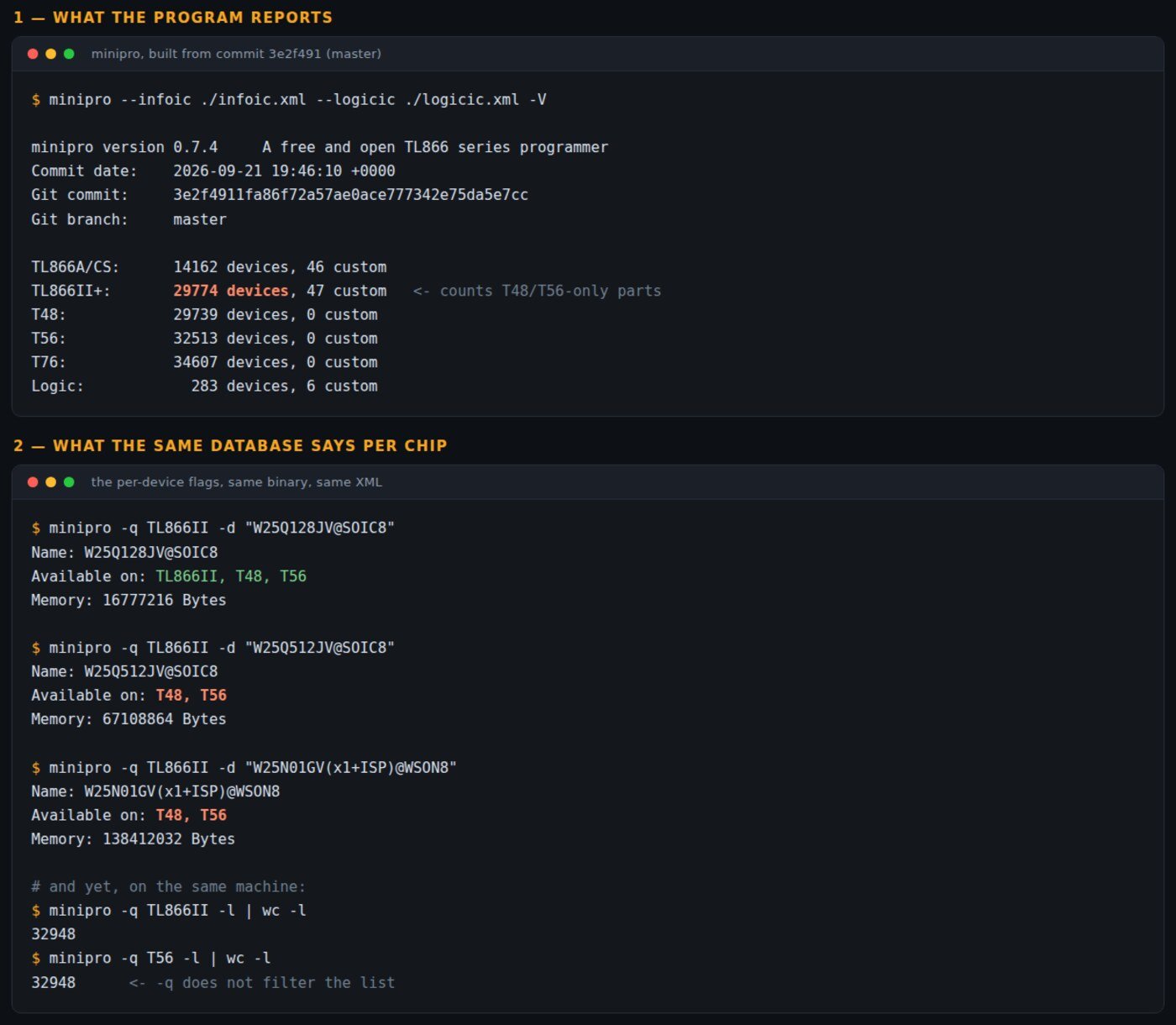 Terminal output of minipro built from master: device counts per programmer, and per-chip Available on lines showing W25Q512JV as T48 and T56 only