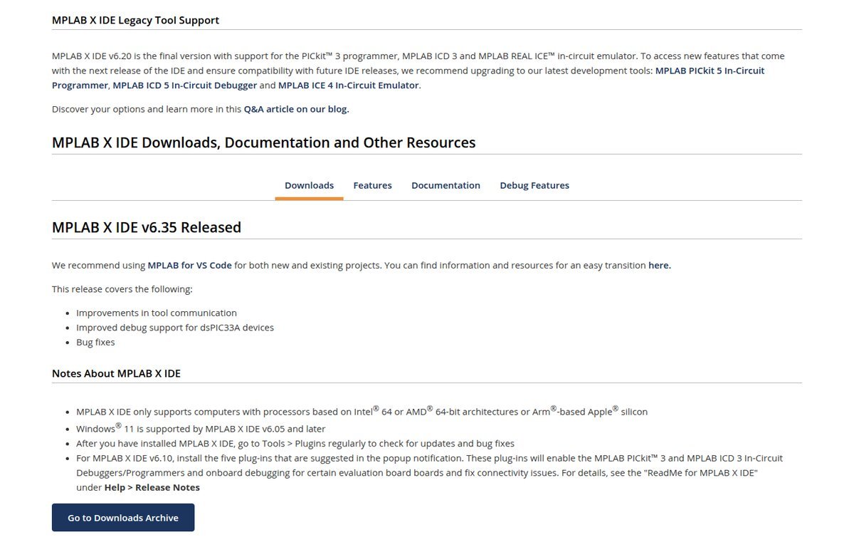 Microchip MPLAB X IDE page: legacy tool support notice saying v6.20 is the final version supporting PICkit 3, and the v6.35 release notes