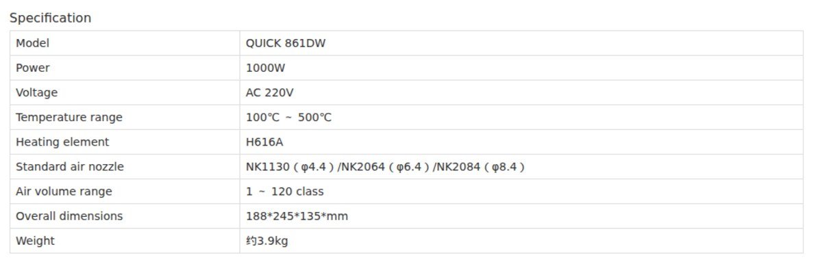 Quick 861DW official specification table showing air volume range 1 to 120 class
