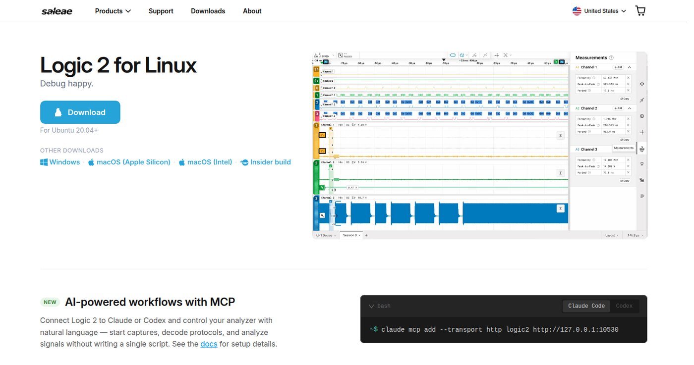 The Saleae downloads page showing a Logic 2 for Linux download button and alternate links for Windows, macOS Apple Silicon, macOS Intel and an Insider build