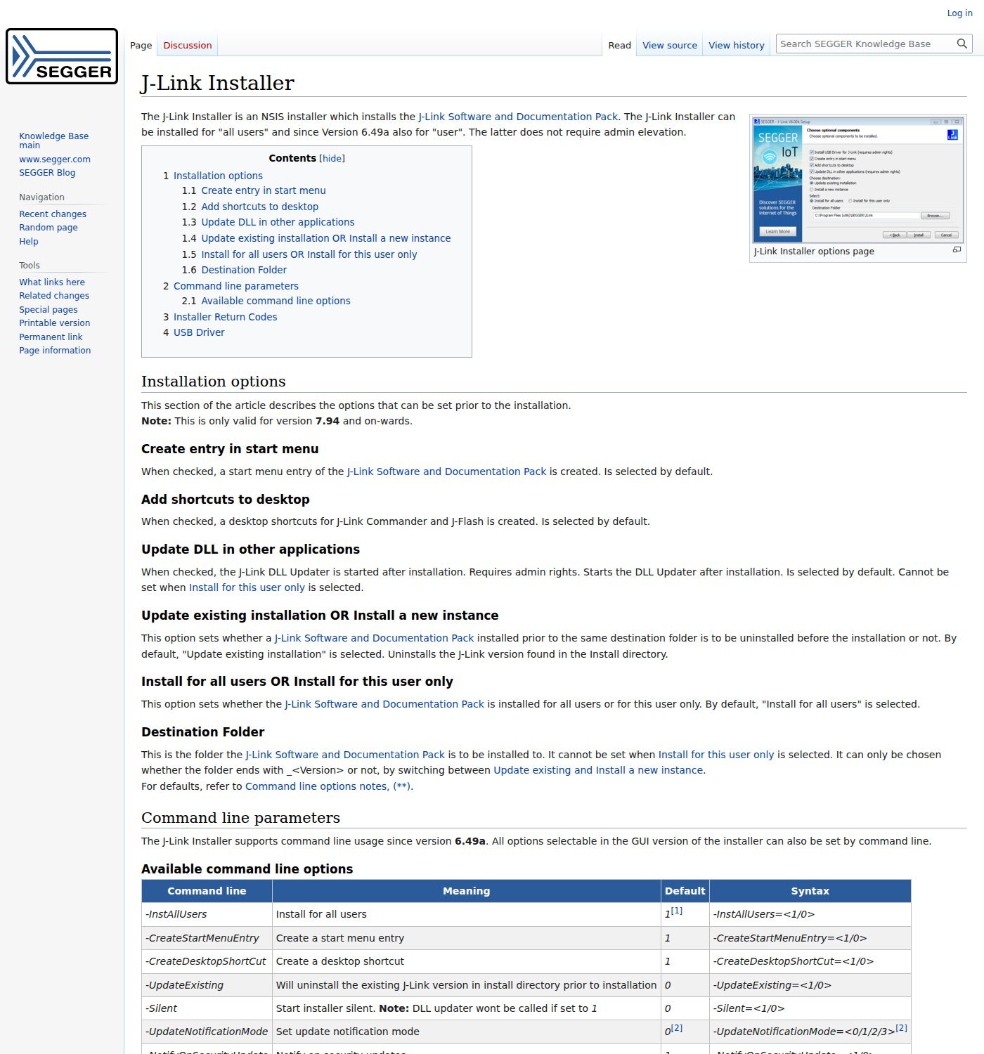 SEGGER Knowledge Base page documenting the J-Link installer options