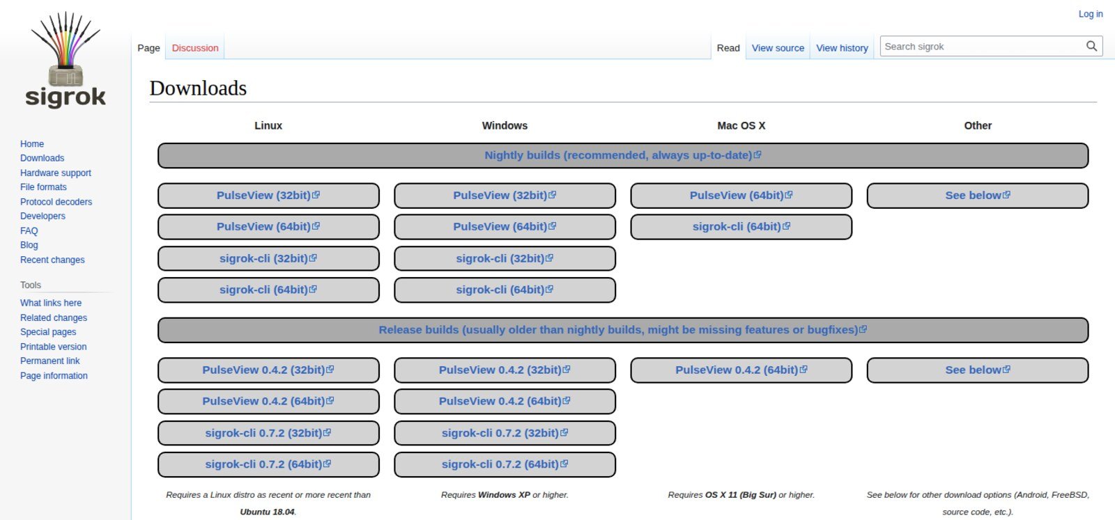 The official sigrok Downloads page showing the nightly builds band above the release builds band