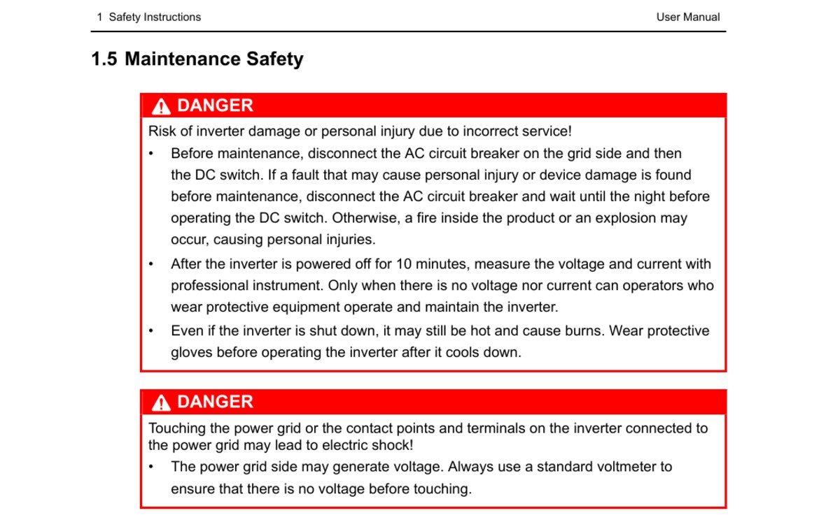 Maintenance safety page from the Sungrow SH5.0-10RT user manual, showing the ten-minute wait and the instruction to measure voltage and current with a professional instrument