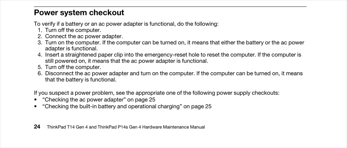 Power system checkout section of the ThinkPad T14 Gen 4 Hardware Maintenance Manual