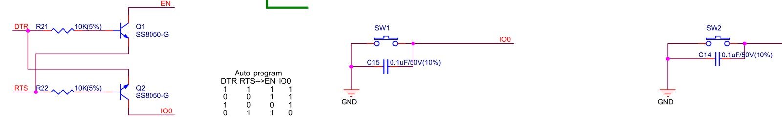 ESP32-DevKitC V4 schematic: the two-transistor auto-program circuit with its DTR/RTS truth table, and the IO0 and EN buttons with 0.1 µF capacitors C15 and C14