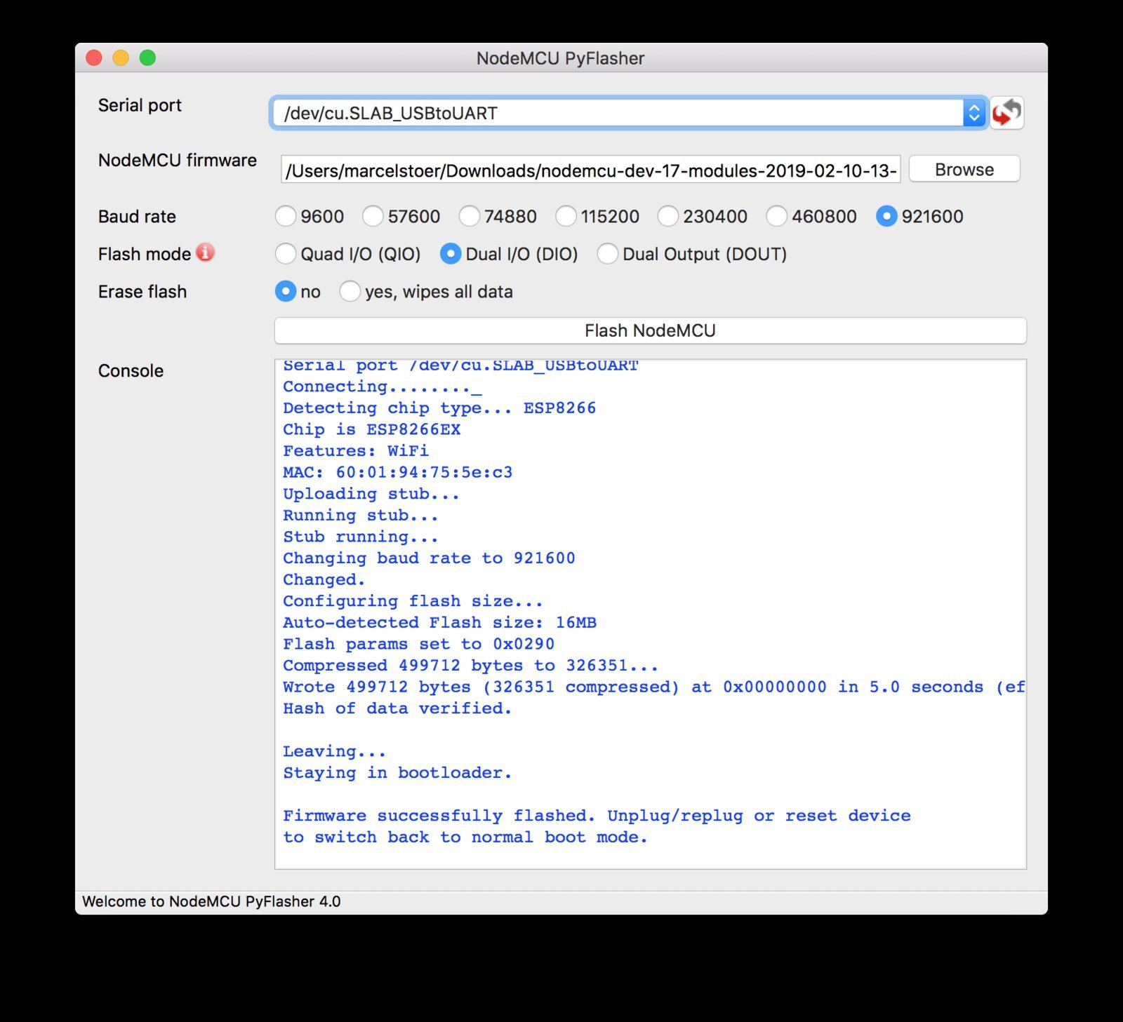 NodeMCU PyFlasher window with port, firmware path, baud 921600, flash mode DIO, erase no, and a console showing a successful flash