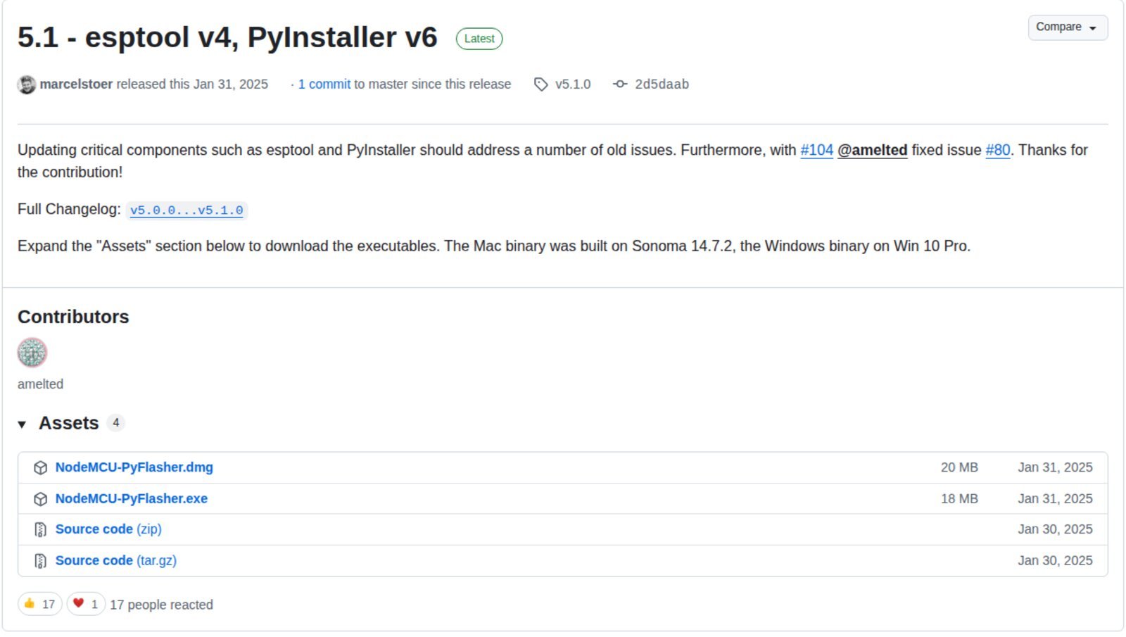 GitHub release page for NodeMCU PyFlasher v5.1.0 showing the .dmg and .exe assets dated 31 Jan 2025