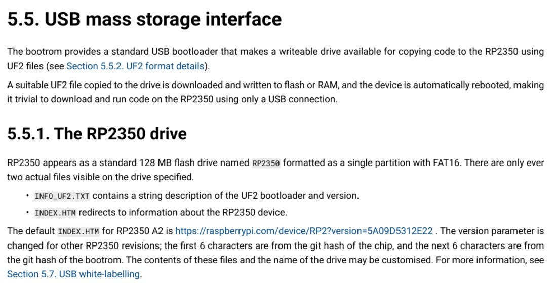 Section 5.5.1 of the RP2350 datasheet, stating that RP2350 appears as a 128 MB FAT16 drive named RP2350