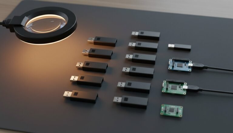 USB dongles, serial adapters and small programmer boards laid out in a grid on a dark bench mat under a magnifier lamp