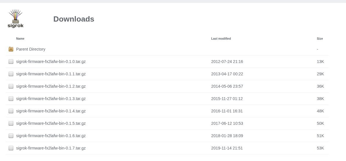 The sigrok download index listing sigrok-firmware-fx2lafw-bin tarballs from 0.1.0 to 0.1.7