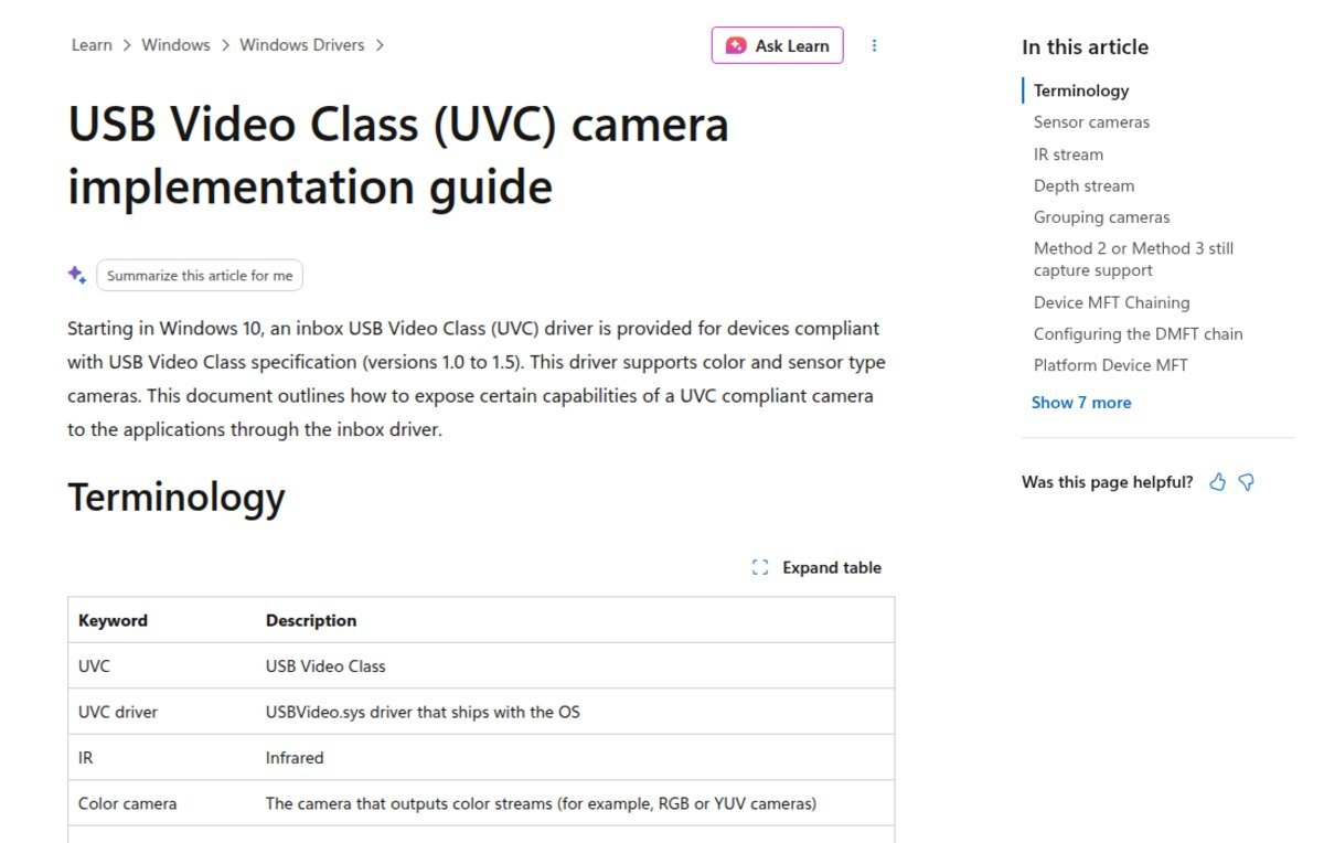 Microsoft Learn page stating that Windows 10 and later provide an inbox USB Video Class driver, with a table naming USBVideo.sys